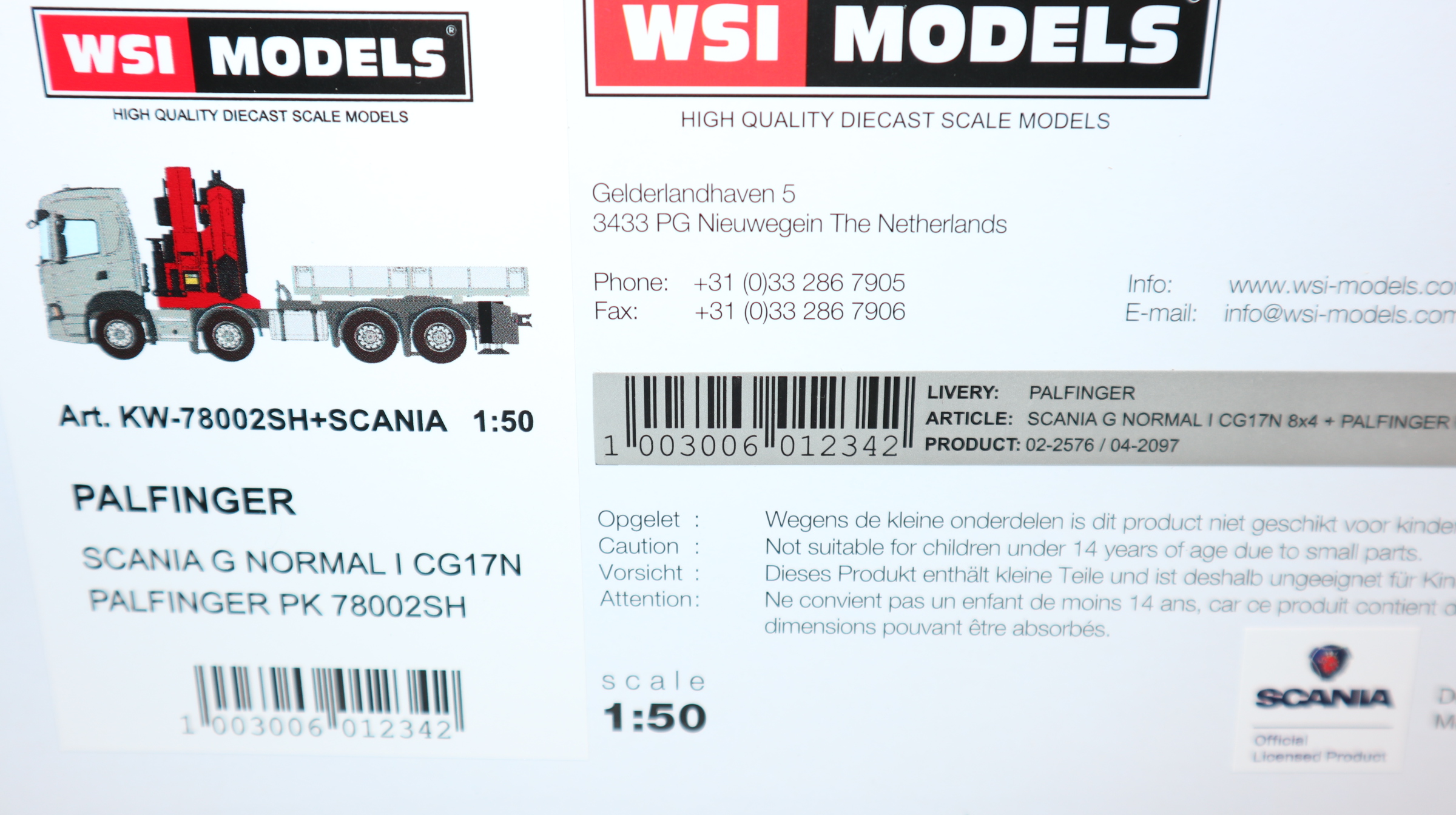WSI 02-2576 in 1:50, Scania G CG17N 8x4 + Palfinger PK 78002 SH, NEU in OVP