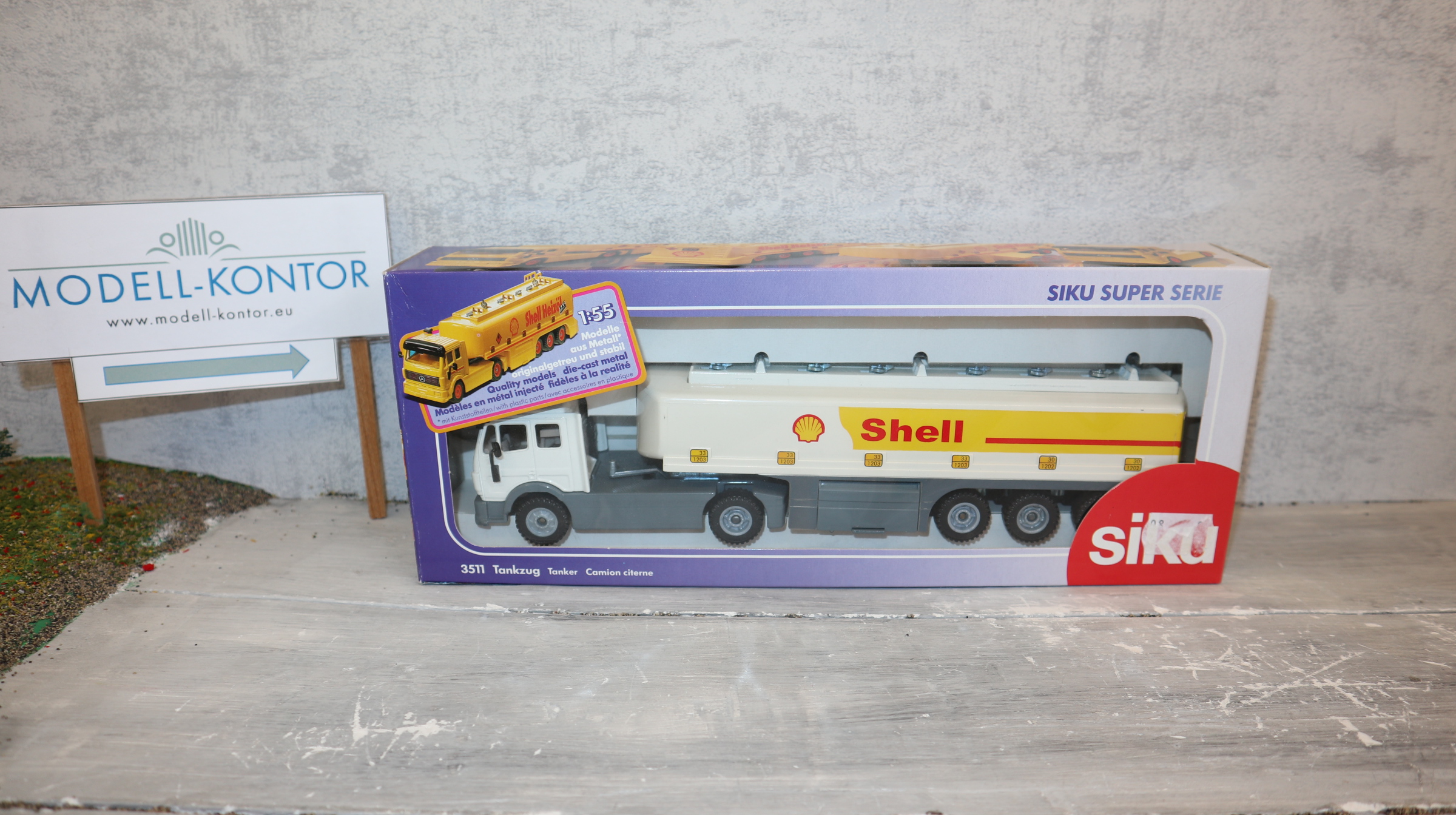Siku 3511 in 1:55,  Tankzug SHELL, graues Chassis, LKW langer Radstand, Neu in OVP