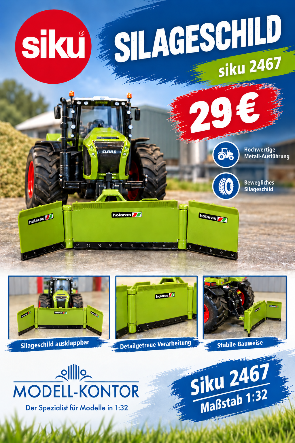 Siku 2467 in 1:32,  HOLARAS in Claas-grün, Maisschiebeschild MODELL-KONTOR 2026, NEU in OVP