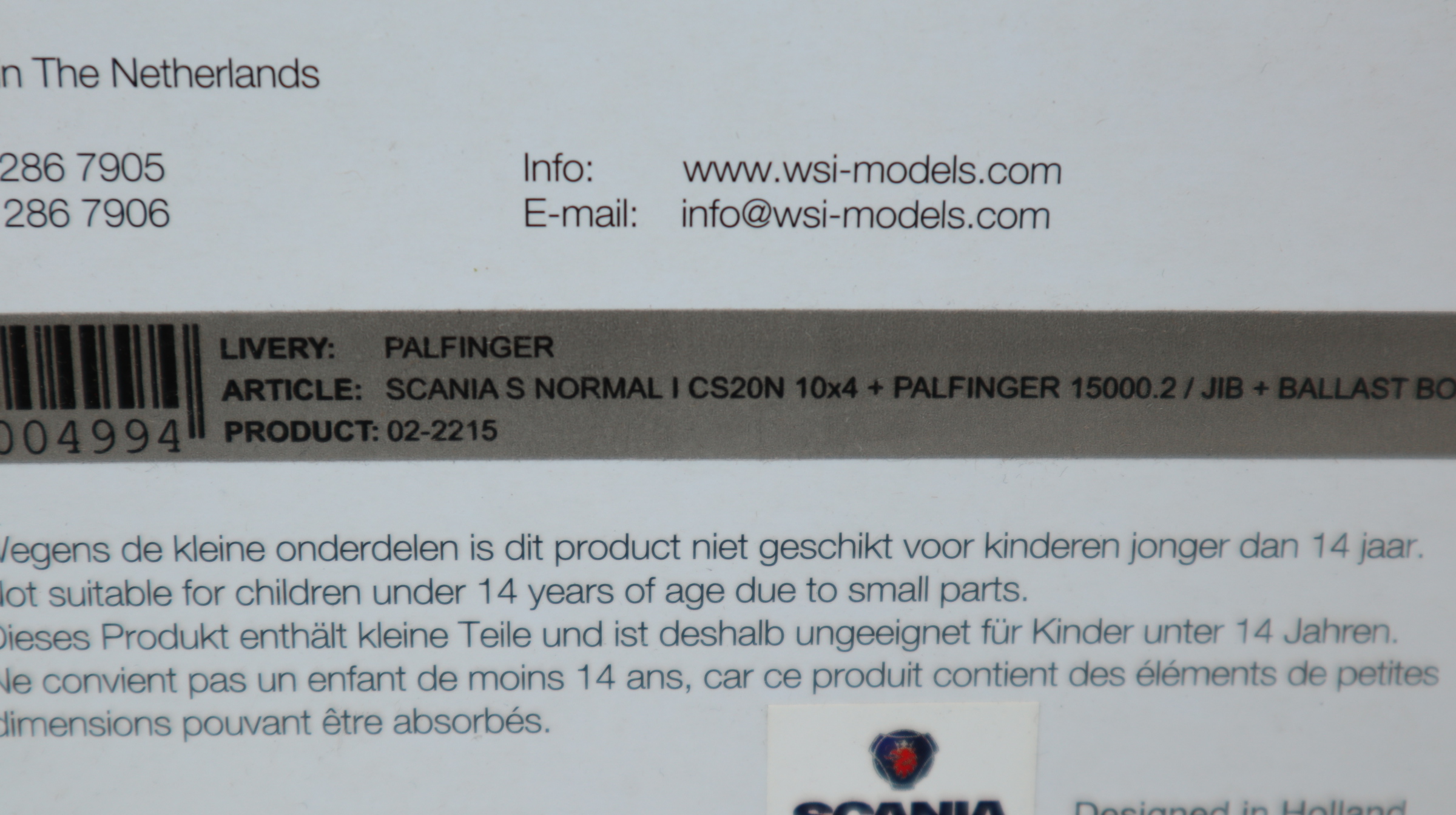 WSI 02-2215 in 1:50, SCANIA CS20N 10x4 mit Palfinger PK 15000.2 + JIB  NEU in OVP