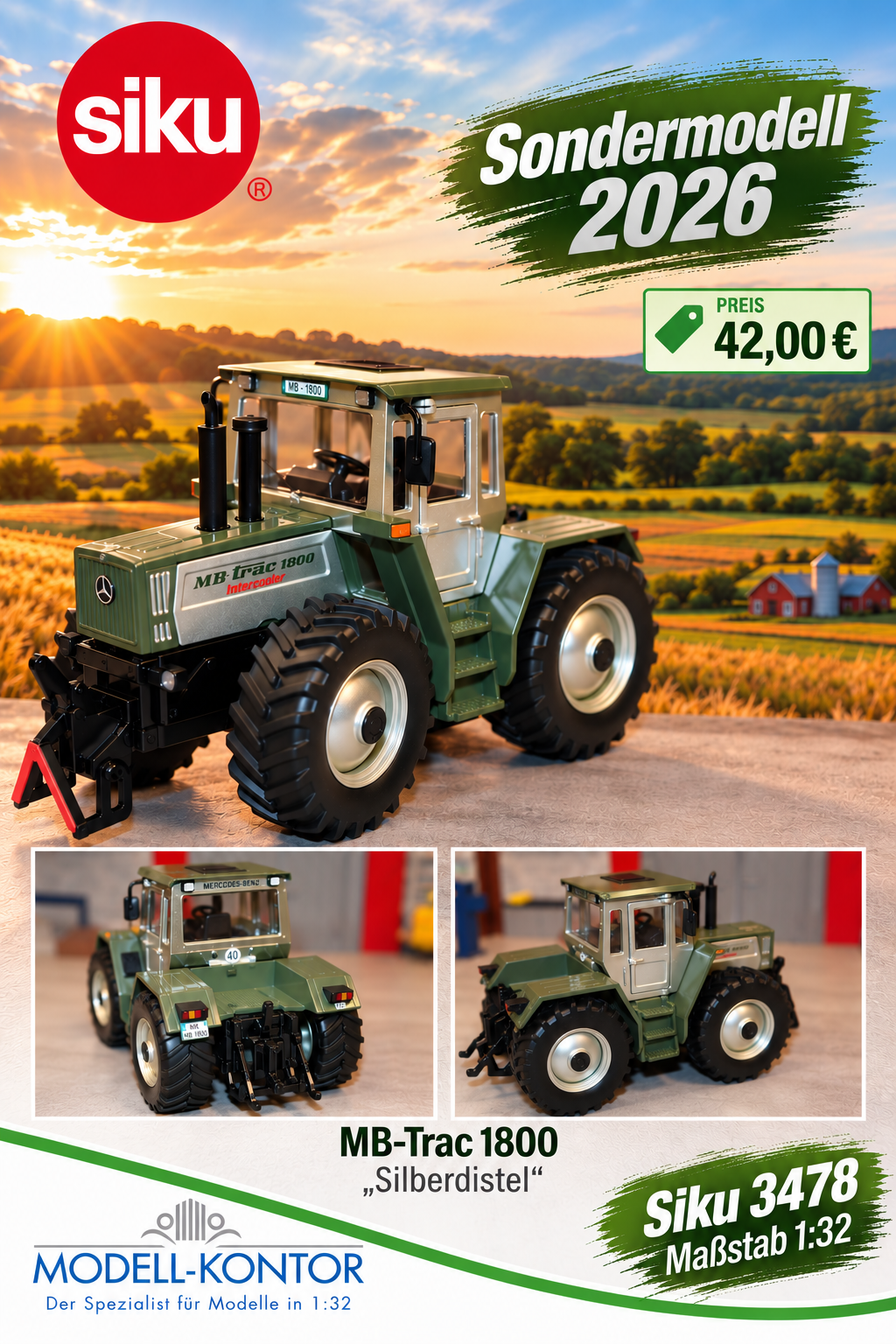 Siku 3478 in 1:32, MB-Trac 1800 silberdistel Modell 2026,  NEU in OVP